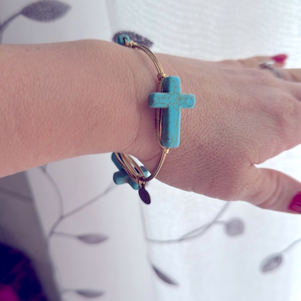Bourbon and Boweties Turquoise Cross Adair Bangle Bracelet gold plated copper